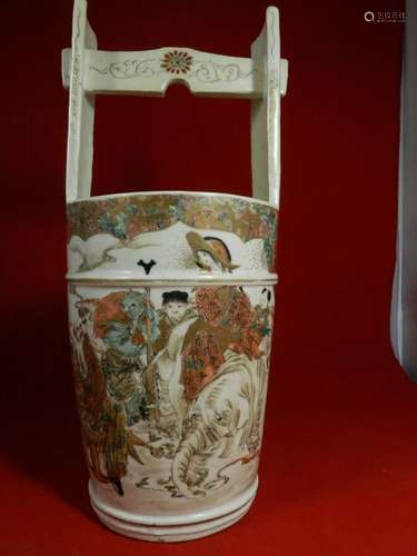 Satsuma Pottery Tall  Bucket Hand Painted Figures 19th Century Japanese