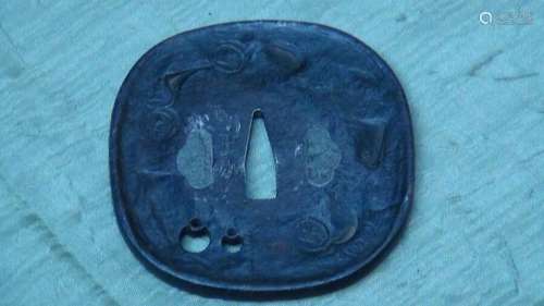 ANTIQUE  JAPANESE OLD CIRCA 1675 STEEL TEMBO STYLE TSUBA SIGNED SHIGEYASU