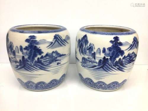 Pair Antique Japanese Blue and White Porcelain Jar