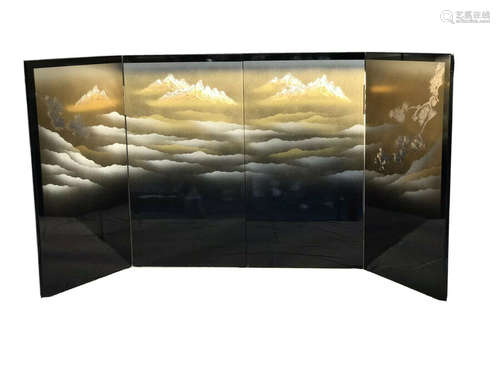 XL HANDMADE JAPANESE BLK LACQUER 4 Panel SCREEN*GOLD/PEARL IMPASTO 64”x16”est