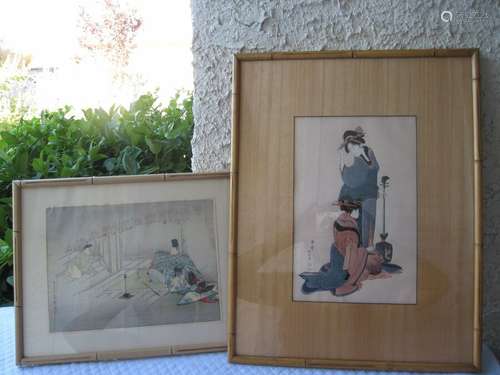 JAPANESE ANTIQUE WOODBLOCK/RICE PAPER 2  PAINTINGS WITH FRAME