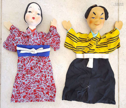 Pair Japanese Hand Puppets Vintage Antique-Painted-Man/Woman-Silk Clothes-14