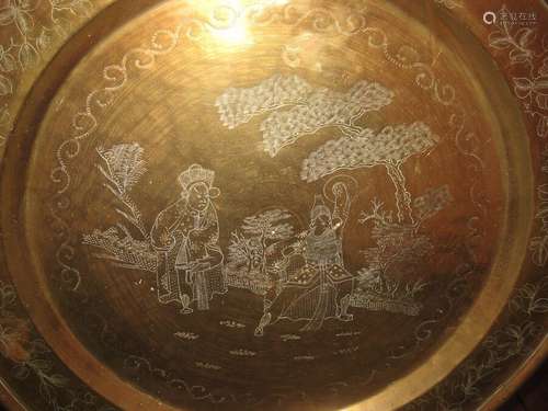 Large Antique Hand Spun Brass Charger Serving Platter w/ Engraved Samurai Japan