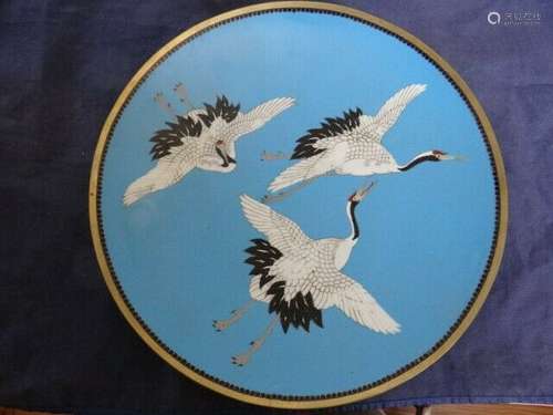 Very Fine Antique Meiji Period Japanese 3 Flying Cranes Cloisonne Charger Plate