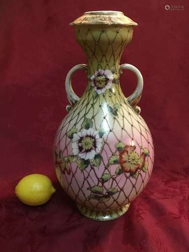 Large  Moriage Vase Urn 2 Handles Fishnet Artist Signed