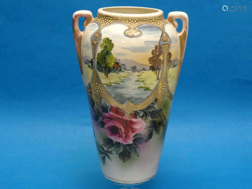 ANTIQUE NISHIKI ROYAL NIPPON RAISED MORIAGE JAPANESE VASE SCENIC  ~ 12.5