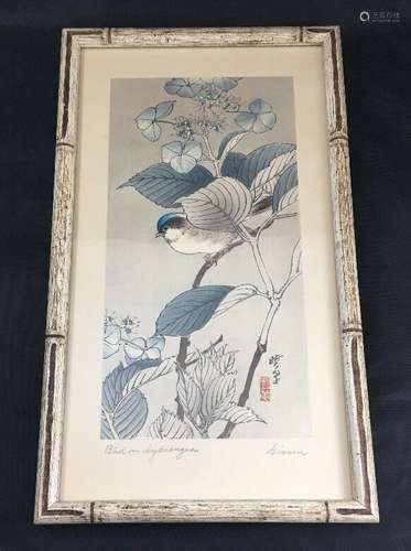 Bird on Hydrangea by Giosin Japanese Art Print Signed by Artist