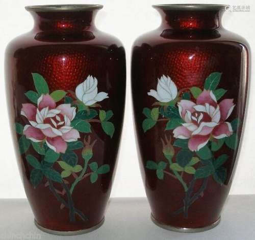 EXTRAORDINARILY Exquisite SIGNED Sato CLOISONNE Mirror Image VASE PAIR Japanese