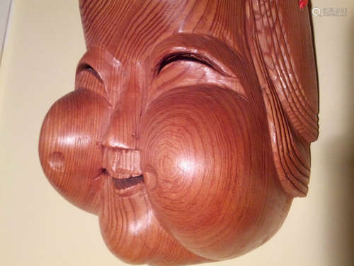 Old Japan/Japanese Cypress-Carved  Otafuku Mask Branded/Signed -Mastercraftsman