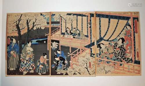 Japanese Triptych Woodblock by Toyokuni III - Eastern Genji, The Wakana Chapter