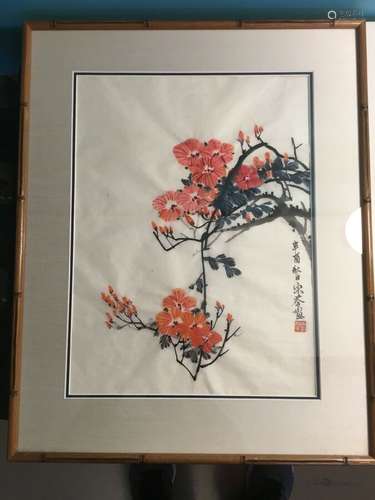 Japanese Woodblock Flower Blossoms, Framed, Signed.