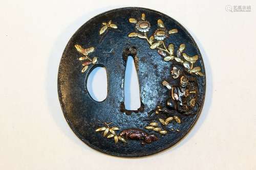 Japanese Edo Period Shakudo Inlaid Gold, Silver, & Copper Iron Tsuba