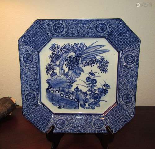 Antique Japanese blue and white Arita square charger 19th