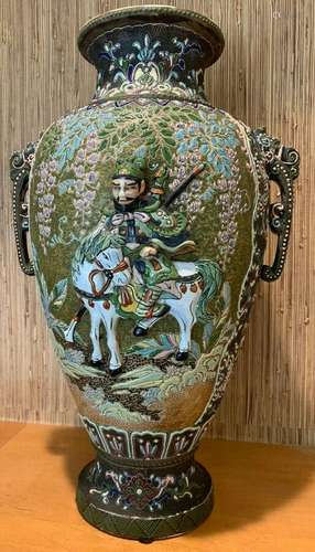 Antique Japanese Moriage Vase. Huge(19x12)Raised Mounted Warrior.