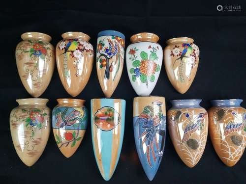 Collection Of 11 Vintage Japanese Hand Painted Wall Pocket Vases