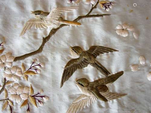 Antique Embroidered Silk Shawl Waves Apple Blossom Birds Aesthetic Meiji Japan