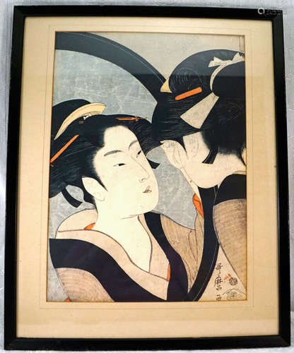 Antique Japanese Woodblock Print Beauty in the Mirror Kilagawa Utamaro 1753-1806