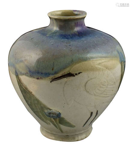 Fine Japanese Vase w/ Flambe Drip Glaze & Carved & Incised Bird Decoration