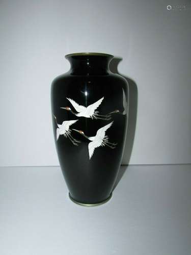 Fine Ando Japanese Cloisonne Vase with 5 Cranes in Flight 604