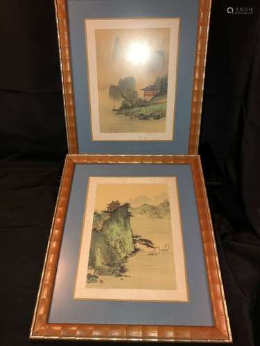 Vintage Framed Japanese Landscape & Temple Watercolor Drawings On Silk Set Of 2