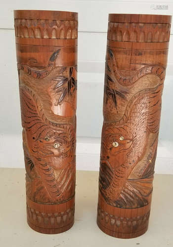 PAIR of VERY LARGE ANTIQUE HAND CARVED BAMBOO JAPANESE BRUSH POTS ~ 18