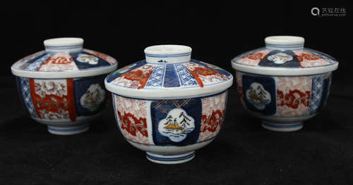 Trio of Vintage Japanese Imari Covered Rice Bowls - Marked