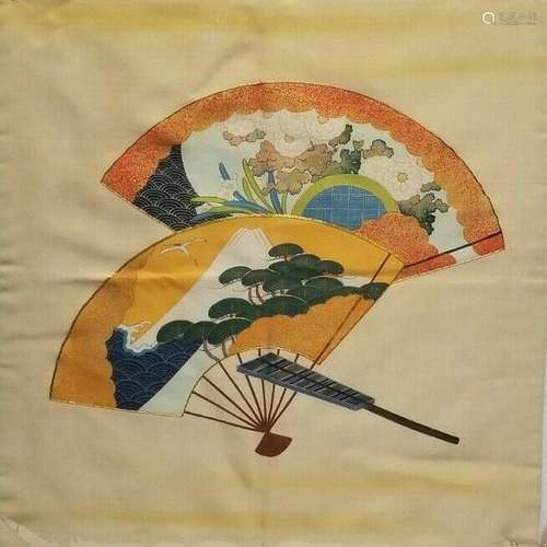 Vintage Japanese Fukusa Painted &Embroidered Multi-color Fans circa 1930