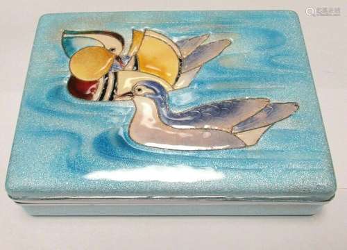 JAPANESE AOKI METAL SHIPPOU CLOISONNE ENAMEL HUMIDOR DUCKS DESIGN BOX SIGNED