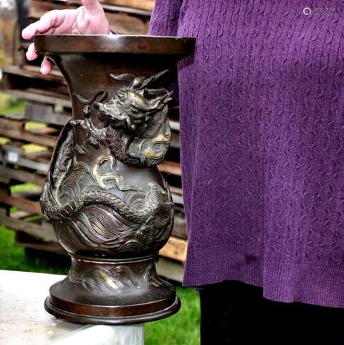 ANTIQUE JAPANESE PRE MEIJI BRONZE DRAGON GU FORM VASE 23 LBS