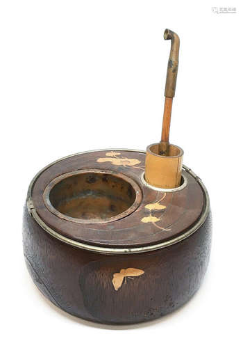 Antique Tobako-Bon Kiri-Wood Hibachi Maki-e Meiji Japanese (Smokers Hibachi)