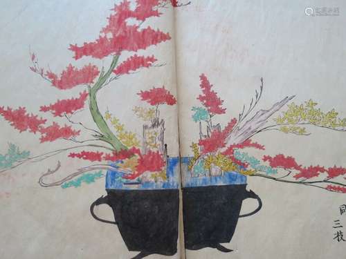 Antique JAPANESE 17th C Ikebana Rikka Flower Arrangement  WATERCOLOR Painting