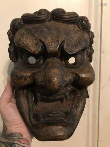 RARE Hand Carved Wooden Fudomyoo Noh Mask Japanese Buddhist Tattoo Art Fudo Myoo