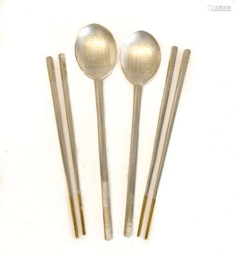 Japanese Solid Silver Serving Spoons and Chopsticks, 20th Century