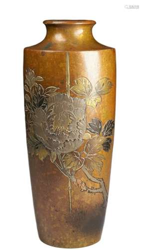 Antique Meiji Period 19th Century Signed Japanese Bronze Vase w/ Peonies