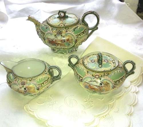 GORGOUS ! old ant signed moriage teapot suger creamer greens signed