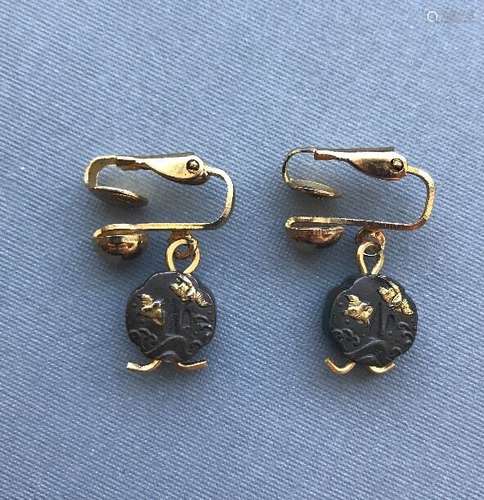 A Pair Of Meiji Era Antique Japanese Shakudo Decorated Tsuba Earrings