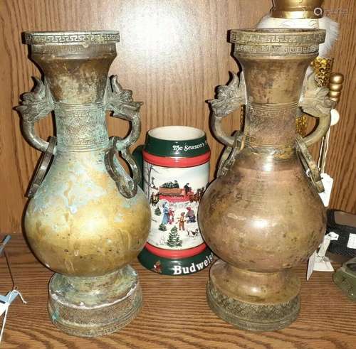 Asian Bronze Metal Vase Japanese Dragon Handles Chinese Antique set