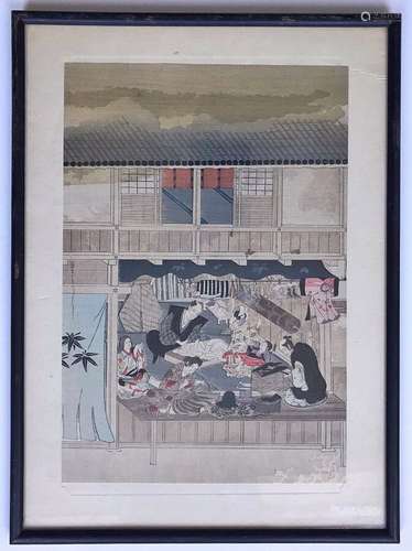 An Antique Japanese Framed Woodblock Book Art Print By Tosa Mitsuoki