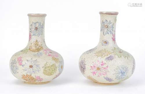 Pair Japanese Meiji Bottle Vases w Chrysanthemum & Raised Dot Decoration