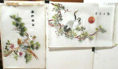 PAIR OF JAPANESE SILK BIRDS ON BONSAI TREE EMBROIDERY TAPESTRY PAINTINGS SIGNED