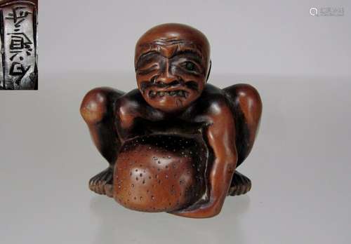 HAKUDOSAI, 19th C. Japanese Boxwood Netsuke: Totsuka Beggar