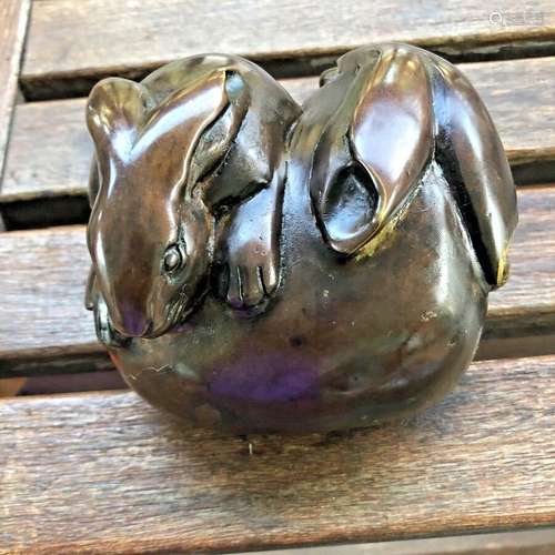 MEIJI RABBIT PAIR CUDDLING SOLID BRONZE SCULPTURE STATUE 5