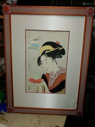 Lovely & rare KOTONDO Japanese commemorative woodblock print: Serving Moring Tea