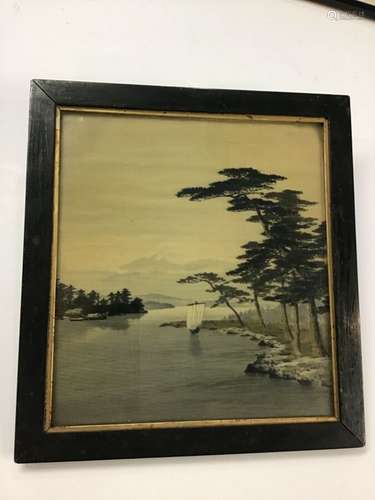 Antique Japanese Painting On Silk Mt. Fuji & Sailboats