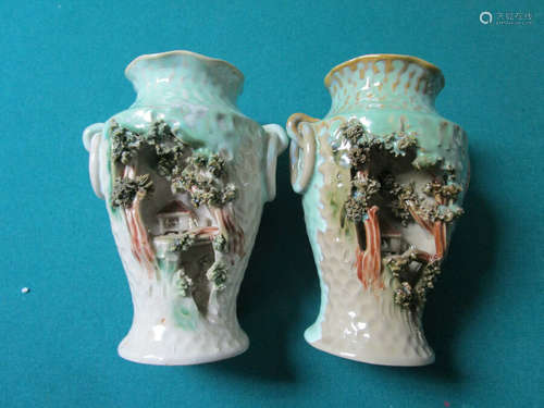 JAPANESE CARVED TOWN 2 VASES GLOSSY LIGHT GREEN URNS