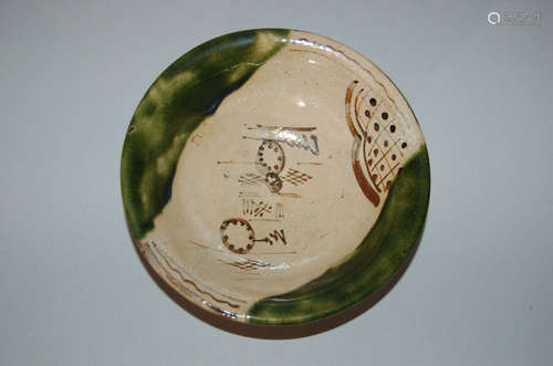 Serving dish or bowl, birds, geometric design, Oribe style stoneware, Japan