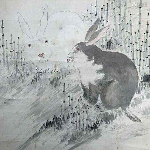 Japanese Antique Rabbits Hand-Painted Scroll, 19th Century