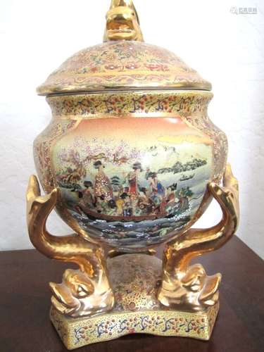 Antique SATSUMA Footed Pedestal Vase Asian URN Ornate KOI fish Footed RARE