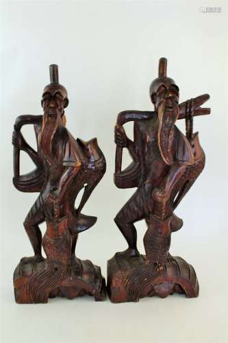 Pair Vintage Carved Wood Japanese Fisherman Sculptures