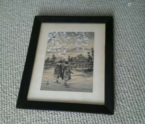 Chinese Japanese Silk Painting Signed 11x13 framed